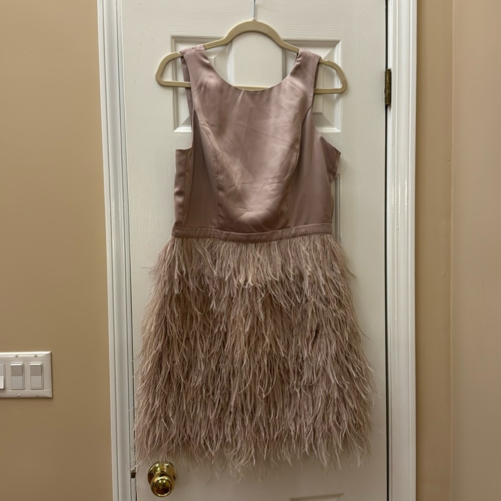 Minuet pale pink satin sleeveless dress with feather skirt